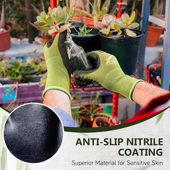 COOLJOB 2 Pairs Gardening Working Gloves for Men and Women, Touchscreen, Grippy Nitrile Rubber Coated for Garden Yard, Green/Black,Medium Size (M)