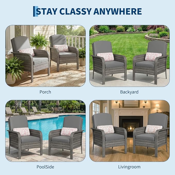 GarveeLife Patio Wicker Chairs Set of 2, Outdoor Rattan Dining Chairs with High Back & Deep Seating, All-Weather Wicker Armchairs for Deck Porch Balcony Backyard, Gray Gradient with Gray Cushions