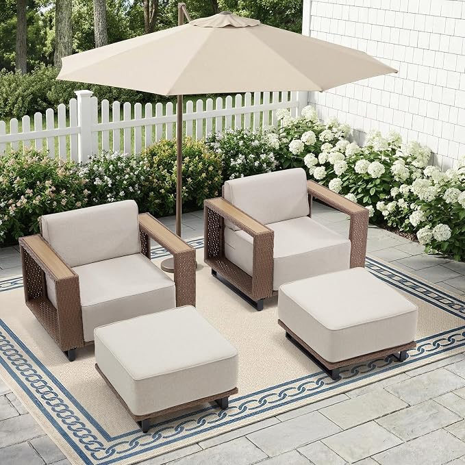 Bonzy Home Wicker Patio Chairs Set of 2 with 2 Ottoman, Rattan Outdoor Lounge Chairs with Extra-Thick Soft Cushions and Widened Armrest, Patio Conversation Sets for Porch, Garden Poolside Balcony