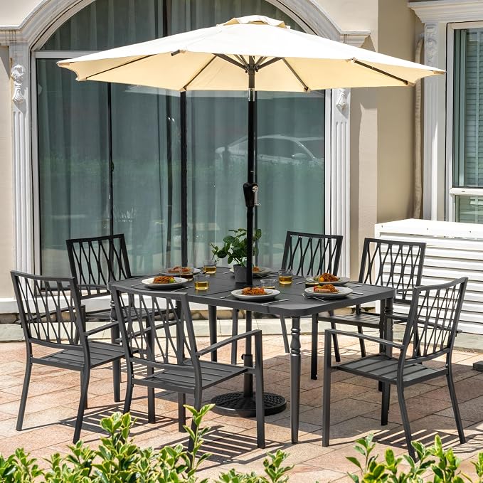 NUU GARDEN 7-Piece Outdoor Metal Dining Set, Weather-Resistant Patio Furniture, 61” x 37” Rectangle Dining Table with Umbrella Hole and 6 Stackable Chairs for Backyard, Balcony, Garden, Lawn, Black