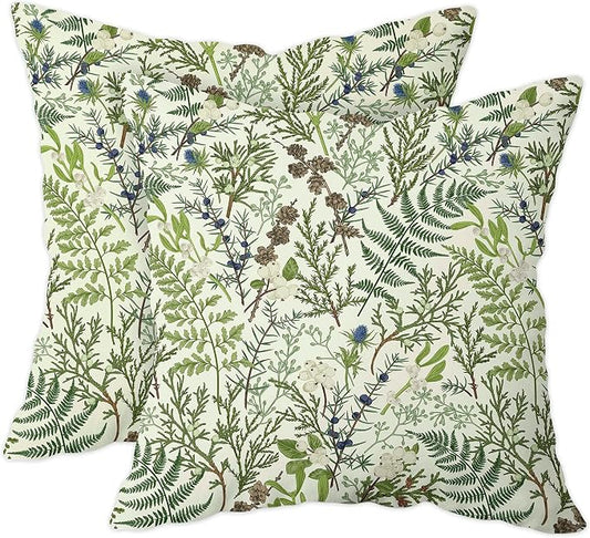 Green Plant Throw Pillow Covers 18x18 Inch Set of 2 Sage Green Botanical Leaf Pillow Covers Vintage Floral Cushion Cover Farmhouse Waterproof Decor for Living Room Bedroom Sofa Patio Outdoor