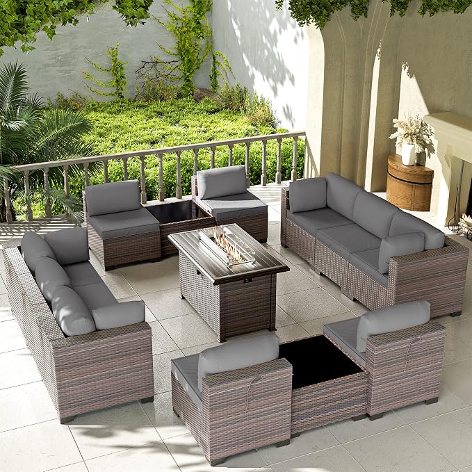 Kullavik 13 Pieces Outdoor Patio Furniture Set with 43" 55000BTU Gas Propane Fire Pit Table PE Wicker Rattan Sectional Sofa Patio Conversation Sets,Grey