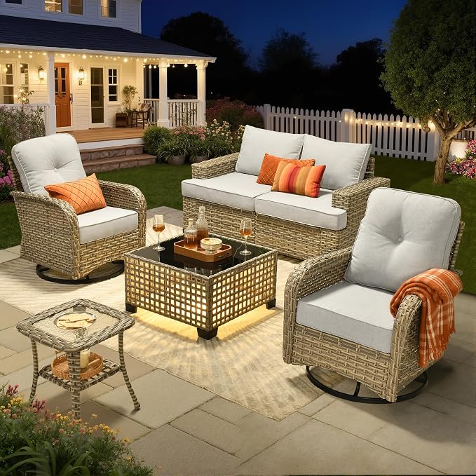Rattan Patio Furniture Set with Swivel Chairs,6 Pieces Outdoor Sectional with Glowing Coffee Table,Out Door Furniture Conversation Set,Light Grey
