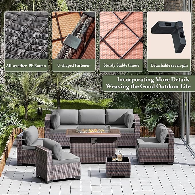 13 Pieces Outdoor Patio Furniture Set,Outdoor Sectional Furniture with 43" 55000 BTU Gas Propane Fire Pit Table,PE Rattan Wicker Patio Conversation Set with 10 Thickened Cushions,Grey