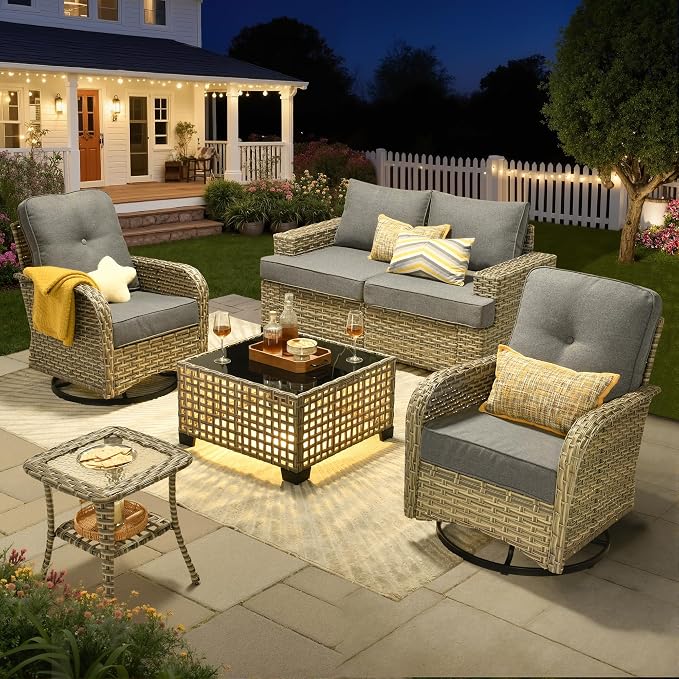 Rattan Patio Furniture Set with Swivel Chairs,6 Pieces Outdoor Sectional with Glowing Coffee Table,Out Door Furniture Conversation Set,Dark Grey