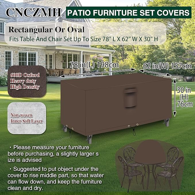 Heavy Duty Patio Furniture Covers Waterproof, 600D Outdoor Furniture Cover Waterproof for Sectional Sofa Couch, Outdoor Dining Table and Chair Set Covers 78''L x 62''W x 30''H, Brown