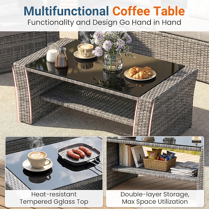 Wisteria Lane Patio Furniture Set, 5 Pieces Wicker Outdoor Furniture for All Weather, Patio Sofa with High Backrest Support and Wide Armrest for Backyard, Balcony, Deck, Porch, Ash Gray