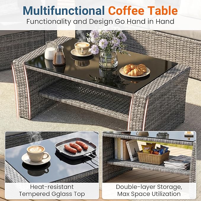 Wisteria Lane Patio Furniture Set, 5 Pieces Wicker Outdoor Furniture for All Weather, Patio Sofa with High Backrest Support and Wide Armrest for Backyard, Balcony, Deck, Porch, Light Gray