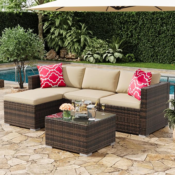 5-Piece Outdoor Sectional Sofa Set, All-Weather PE Rattan Patio Furniture with Ottoman & Tempered Glass Table, Convertible Garden Couch for Backyard, Porch, Poolside (Brown/Khaki)