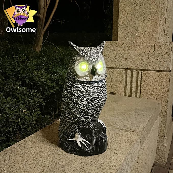 Owlsome Solar Snowy Owl with Flashing Eyes, Rotating Head, Hooting, Motion Detector and Silent Mode, Plastic Owl Garden Sculpture, Garden Decoration