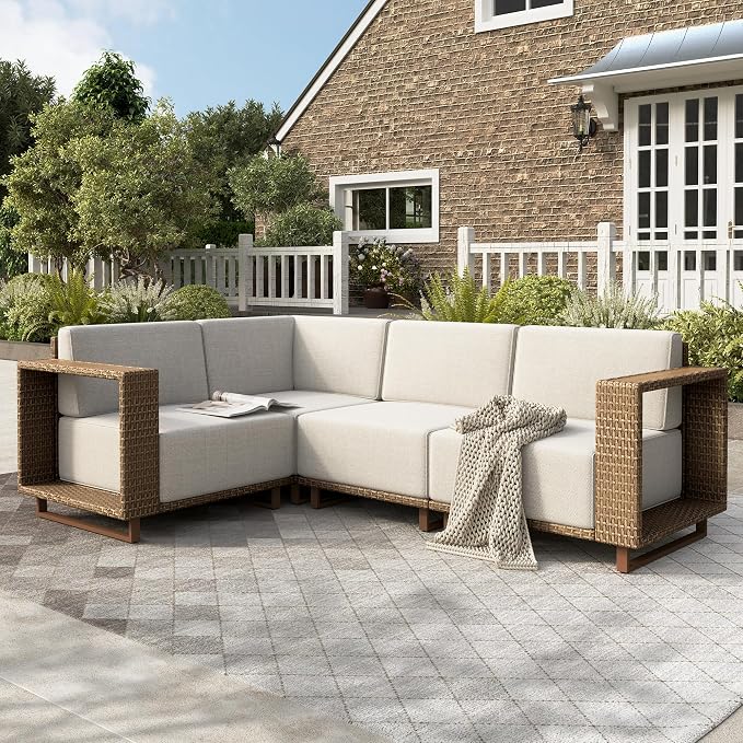 HERA'S HOUSE Patio Sectional Furniture Set, Modular Outdoor Conversation Set with 10" Thick Cushion, 4 Seats Yellow Rattan Wicker Sofa for Deck Yard Lawn