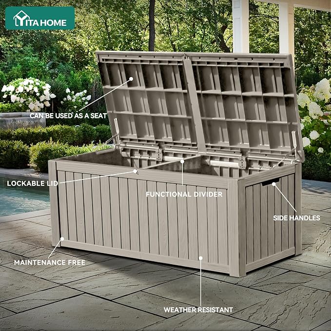 YITAHOME 180 Gallon Large Outdoor Storage XL Deck Box w/Divider for Patio Furniture,Outdoor Cushions, Garden Tools, Sports Equipment and Pool Supplies, Waterproof, Resin, Lockable, Taupe