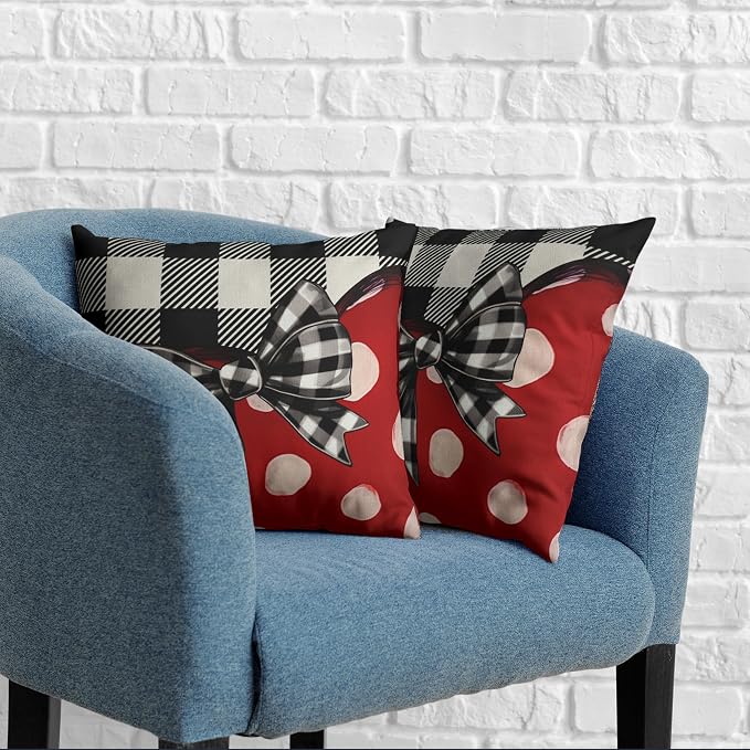 Valentines Day Throw Pillow Covers 22x22 Buffallo Plaid Valentines Pillow Covers Polka Dot Red Love Heart with Bow Decoarative Pillow Case for Living Room Couch Sofa