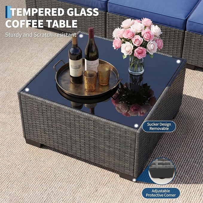 7-Piece Outdoor Rattan Sectional Sofa Set with Coffee Table – Gray Ombré Wicker & Navy Blue Cushions
