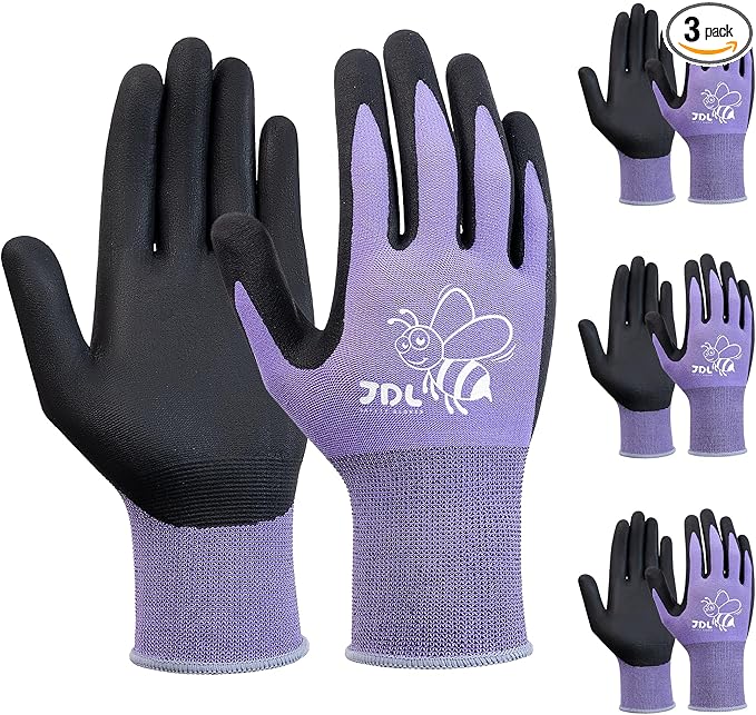 JDL 3 Pairs Nylon Nitrile Coated Gardening Gloves for Women, Touchscreen Yard Garden Gloves, Breathable Safety Work Gloves with Grip, Purple, Large