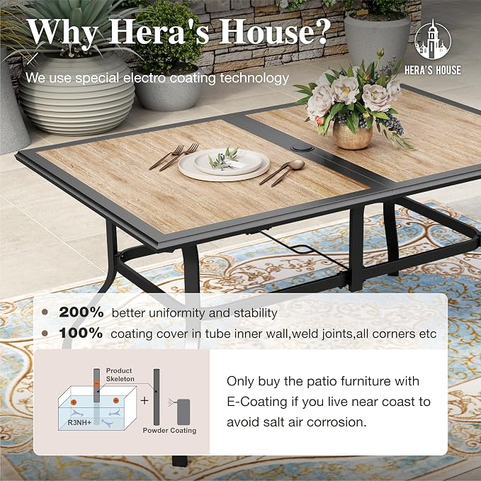 HERA'S HOUSE 7pc Patio Dining Set, Metal Table with PVC Top, Blue Chairs | 60" rectangular table with umbrella hole, 6 textilene chairs. Waterproof, rust-resistant, all-weather for yard, porch