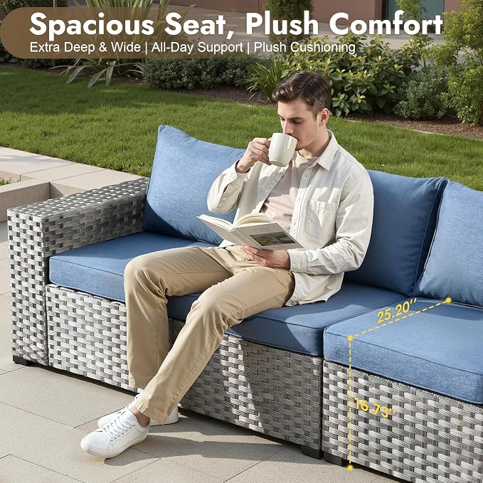 9 Pieces Patio Furniture Set, Wicker Outdoor Sectional Sofa with Swivel Chair Comfy Cushions, Modern Modular Deep Seat Rattan Couch Conversation Set for Backyard Porch Yard,Denim Blue