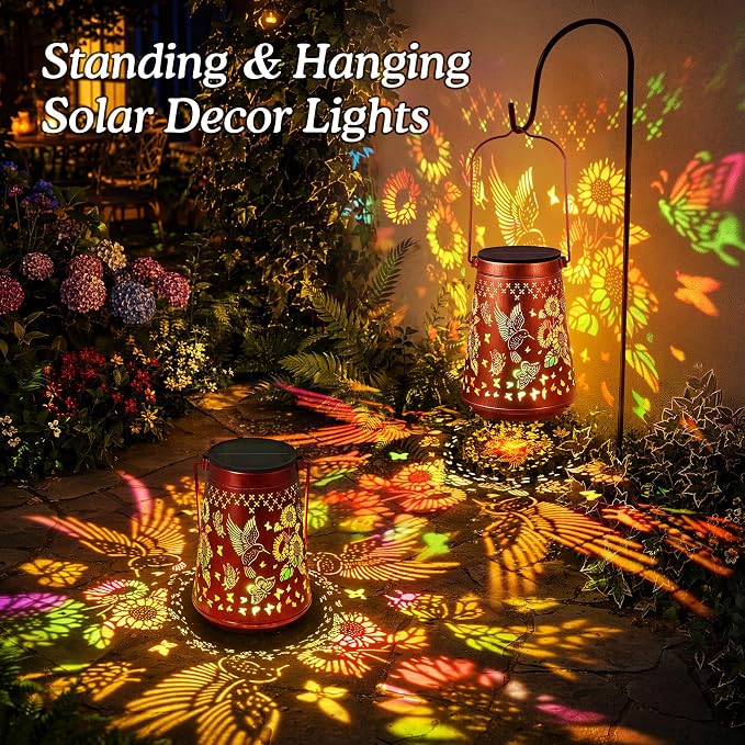 2 Pack Hummingbird Solar Lanterns Outdoor Solar Lights | Sunflowers and Butterflies, Metal Hanging Lights for Patio, Pathway, and Yard, Garden Decor Gifts for Women, Mom & Grandma