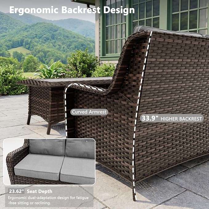 Outdoor Patio Furniture Set,7 Pieces 7 Seats Outdoor Sectional Furniture All Weather Thick PE Rattan Wicker Patio Conversation Set with Ottoman & Coffee Table,Swivel Rocking Chairs Set,Grey