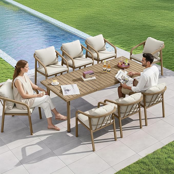 Outdoor Dining Set,7-Piece Patio Dining Table Set for 6 with Rectangular Table & 6 Thick Cushion Sofa Chair, Aluminum All-Weather Patio Furniture Set for Backyard, Garden and Poolside (Brown)