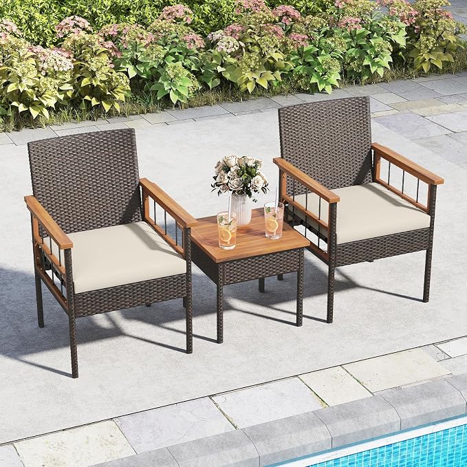 HAPPYGRILL 3 Piece Patio Conversation Set, Outdoor Wicker Furniture Set with Acacia Wood Coffee Table, 2 Rattan Chairs & Cushions, Patio Bistro Set for Porch, Garden, Backyard, Poolside
