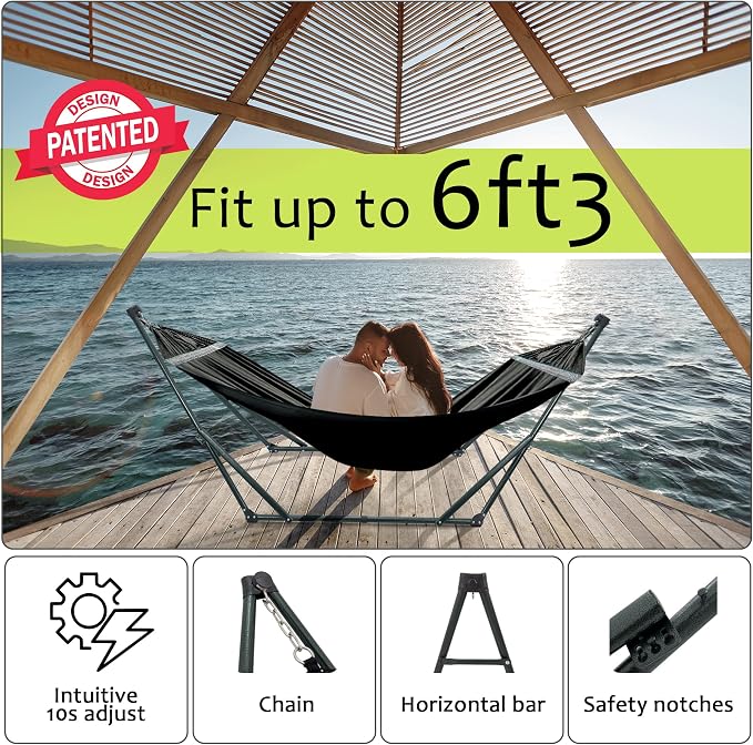 Tranquillo Ultimate Relaxation Portable Hammock Stand with Cotton Canvas Net, Spreader Bar, Quick Fold Unfold in 30 Seconds Steel Frame Hammock 600 lbs Capacity Outdoor, Black