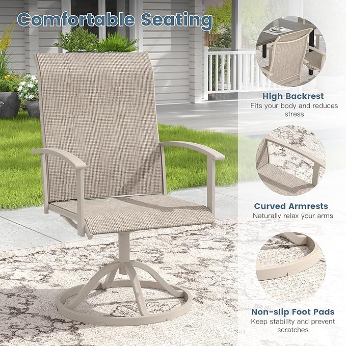 DIFY 5 Pieces Outdoor Dining Set for 4, 40.6" Grey Wood-Like Round Metal Table with Umbrella Hole and Sandshell Textilene Swivel Patio Chairs, Patio Table and Chairs Set for Garden, Backyard, Poolside