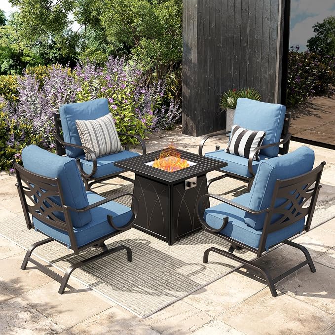 Sophia & William Patio Conversation Set for 4, 4 Rocking Chairs and a 28" Square Fire Pit Table, Metal Outdoor Furniture with 5.75" Extra Thick Cushions, Navy