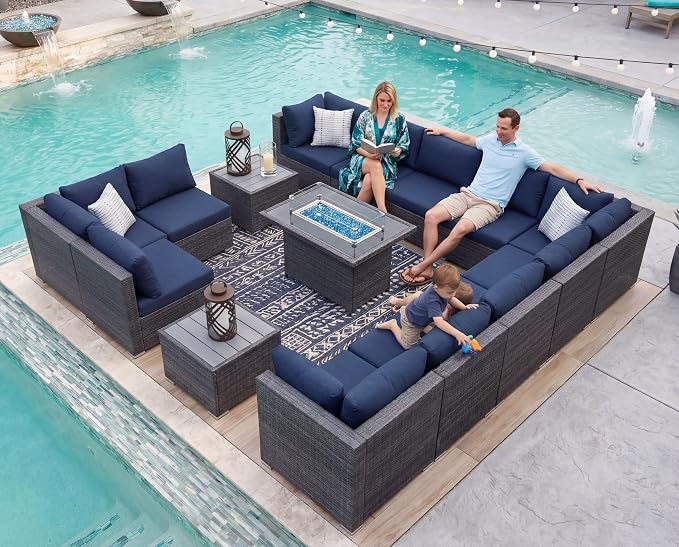 NICESOUL 15 Piece Outdoor Patio Furniture Set with Fire Pit, Extra Large Wide Outdoor Deep Seated Sectional, Cozy 29.3'' High-Back Modular Couch, 500 Lbs High Weight Capacity Wicker Sofa, Gray & Blue