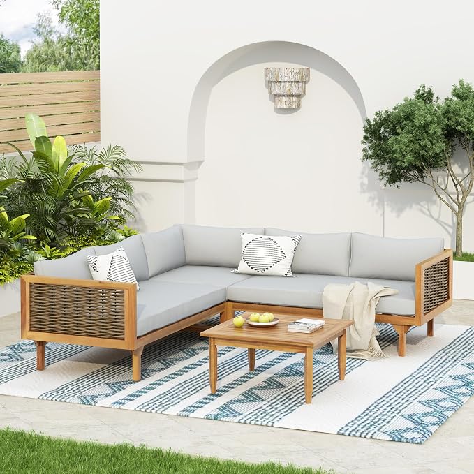 Christopher Knight Home Tenntt 5-Seater Acacia Wood Patio Furniture Set, Outdoor Conversation Sofa Chat Set with Coffee Table, Wicker Arm, Sectional Seating Group for Backyard Balcony, Teak+Light Gray