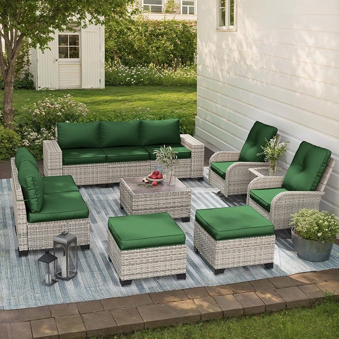 11-Piece Outdoor Patio Furniture Set with Rocking Swivel Chair Wicker Sectional Sofa Set, Patio Conversation Set with Ottomans & Coffee Table for Garden, Backyard, Poolside, Green