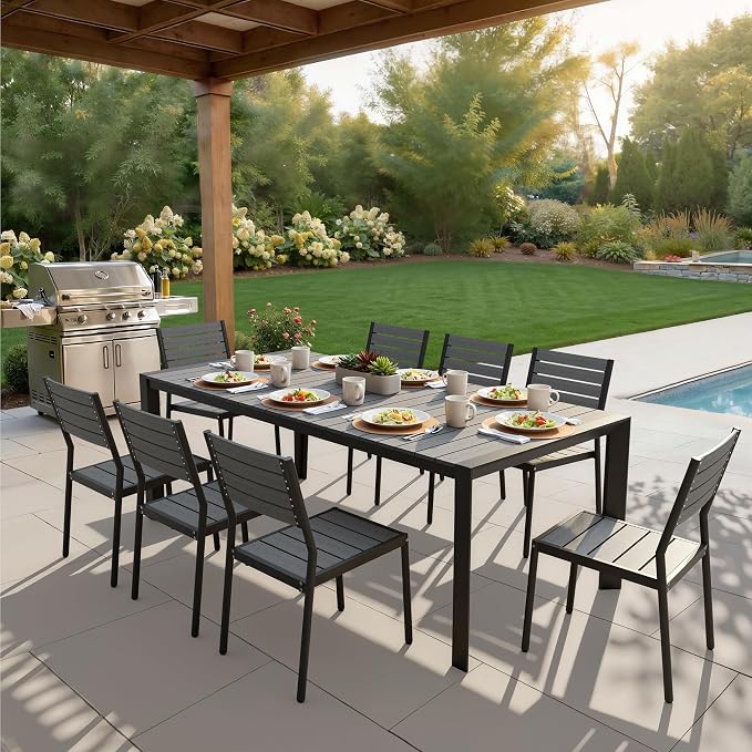 9 Pieces Outdoor Dining Set, 83" Patio Table and Stackable Chairs | All-Weather Aluminum Frame Adjustable Umbrella Hole & WPC for Garden, Patio, Backyard (Grey)