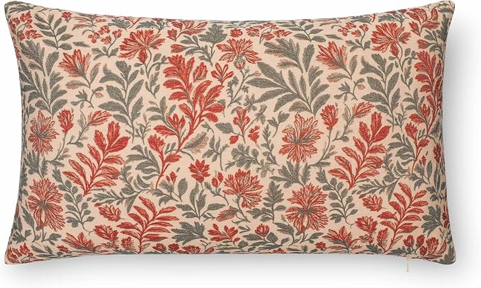 Modern Farmhouse California Casual Indoor Outdoor Lumbar Pillow Cover, 12"x20" Water Repellent for Patio, Backyard, Couch, Poolside, Rust Orange Print Sketch Botanical Flowers and Leaves