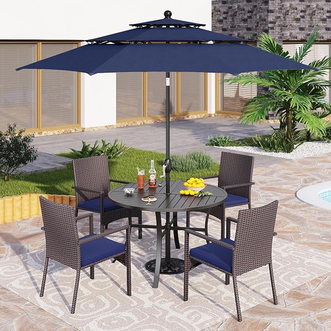 PHI VILLA 5pc Patio Dining Set with Umbrella, Round Table, Rattan Chairs | Includes 42" Round Metal Table, 4 Cushioned Rattan Chairs and 10ft Blue umbrella. Perfect for patio, deck, yard, or porch