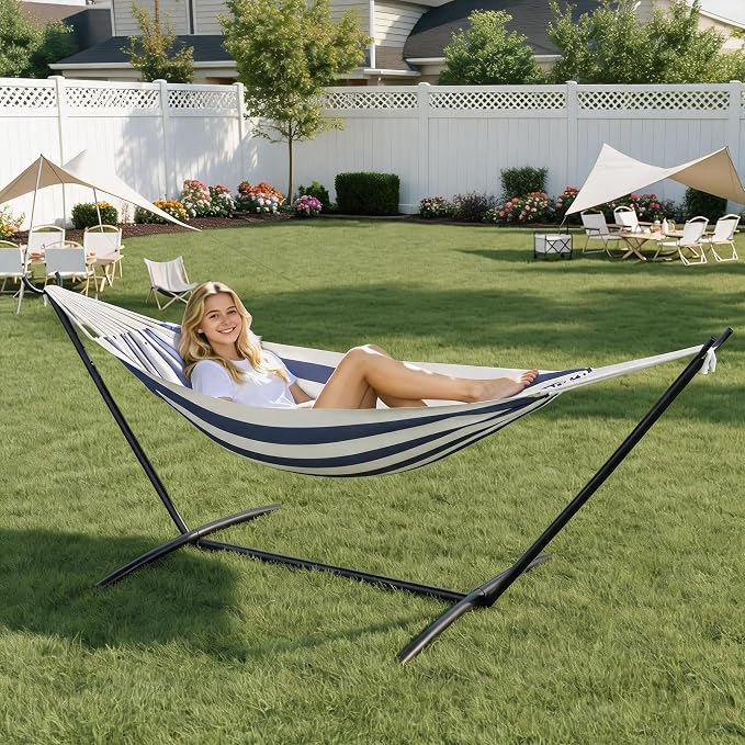 Double Hammock with Stand for Outside - 2 Person Heavy Duty Hammock, Portable Steel Stand for Patio Yard, Easy Assembly, 450 Lbs Capacity