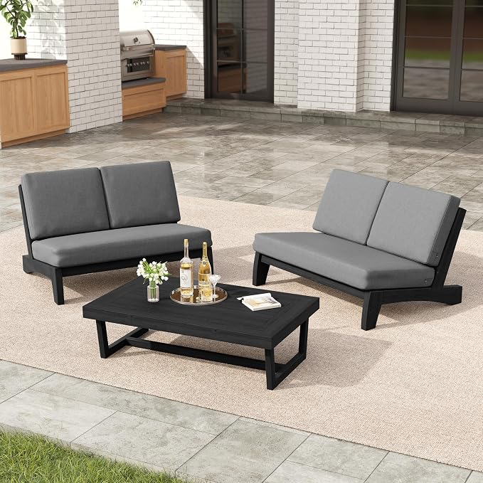 3 Pieces Patio Furniture Sets, All-Weather Outdoor Wood Bistro Set Patio Conversation Coffee Table Chiars and Patio Loveseat for Balcony, Backyard