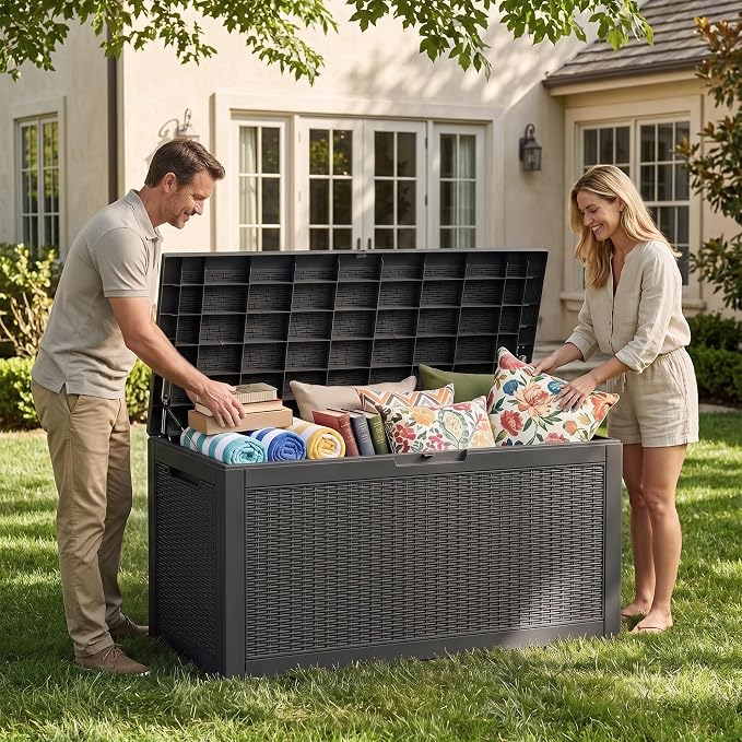 Vixzen 120 Gallon Deck Boxes Outdoor Waterproof, Large Resin Lockable Storage Box with lid for Patio Furniture Cushions, Weatherproof Outdoor Storage Boxes for Garden Tools & Pool Accessories(Black)