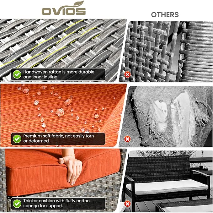ovios 6 Pieces Patio Furniture Set with Rectangular Fire Pit Table, Swivel Rocking Chairs, Loveseat, Outdoor High Back Wicker Rattan Conversation Set for Deck Porch, Orange Red