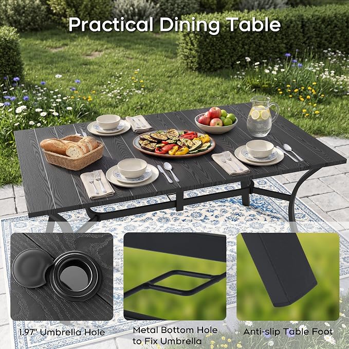 Outdoor Dining Set for 6, Patio Metal Table and Chairs Set with 1.97'' Umbrella Hole, 7pcs Patio Furniture Set 63”x37.8” Dining Table Set with Stackable Chairs for Backyard Pool Deck