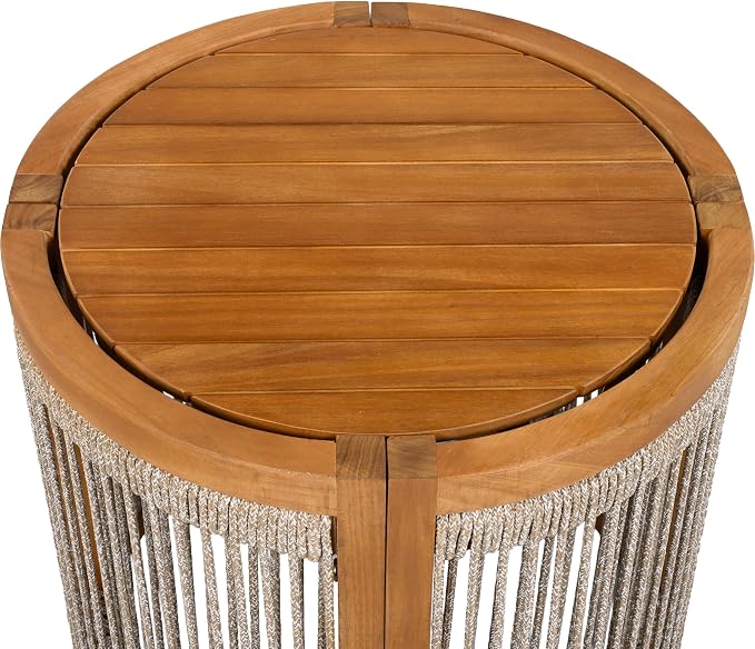 Christopher Knight Home Malphite 3 Pieces Conversation Set, Acacia Wood Chat Set, Round Coffee Table and Woven Rope Accent Chairs, Slat Design Patio Furniture Set for Backyard Garden, Beige + Teak