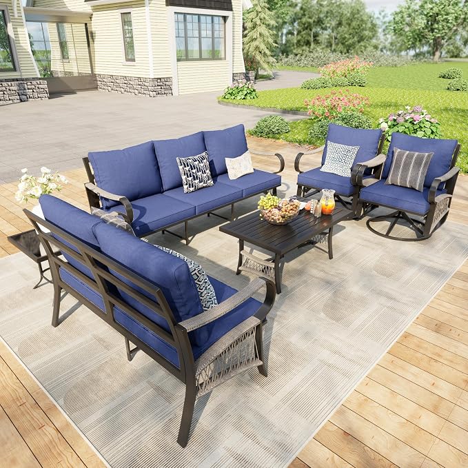 6 Pieces Patio Furniture Set, Metal Outdoor Conversation Sets with Swivel Chairs, Modern Couch Sofa Seating Group with Coffee Table and Side Table (Thick Blue Cushions)