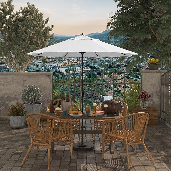 California Umbrella 7.5' Rd Aluminum Patio Umbrella, Crank Lift, Auto Tilt, Black Finish, White