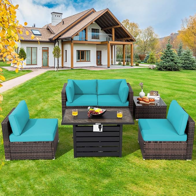 Tangkula 6-Piece Patio Furniture Set with 42 Inches Propane Fire Pit Table, Outdoor Wicker Conversation Set with Cushions and Tempered Glass Coffee Table, 50,000 BTU Gas Fire Pit Table (Turquoise)