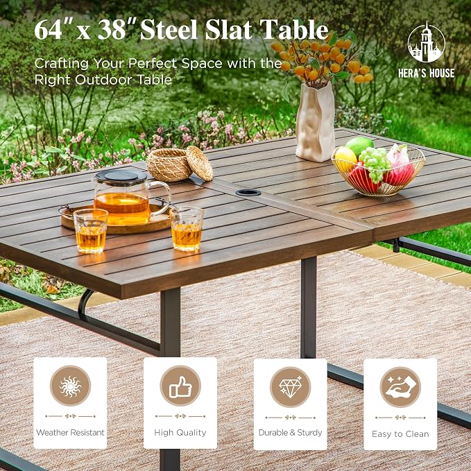 HERA'S HOUSE 7pc Outdoor Patio Dining Set, Wood-Look Metal Table, Blue | 6 textilene chairs, 64" rectangular table with umbrella hole. Waterproof, rust-resistant, all-weather for yard, porch