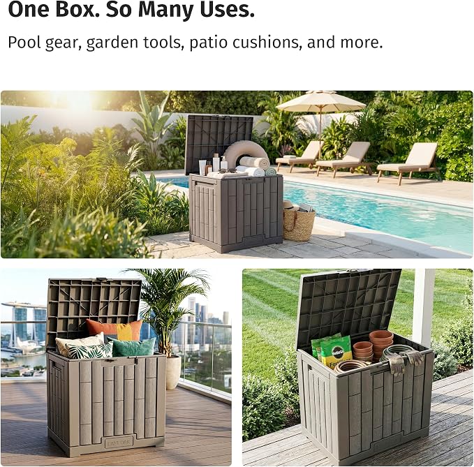 EAST OAK Outdoor Storage Box, 31 Gallon Deck Box Indoor and Outdoor Use, Waterproof Resin Storage Bin for Package Delivery, Patio Cushions, Gardening Tools, Lockable, UV Resistant, Grey