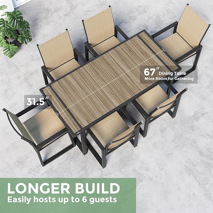 Jocoevol Outdoor Dining Set for 6 Patio Furniture Set 7 Piece Patio Table and Chairs Set Includes 67" Rectangle Table and 6 Textilene Dining Chairs, All Weather Patio Dining Sets for Backyard Garden