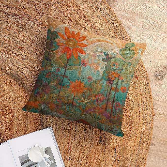Couch Pillow Covers Oil Painting Colorful Garden Flowers Pillow Protector 18"x18" Farmhouse Flower Modern Sofa Throw Pillow Cover Couch Pillows for Iiving Room Patio Garden Balcony Couch Deck Chair