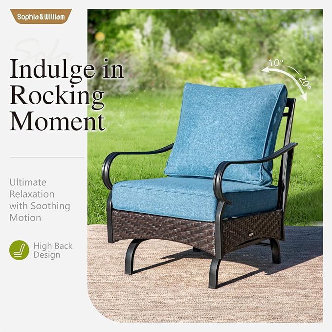 Sophia & William Patio Furniture Set with 56" Fire Pit Table, Metal Outdoor Conversation Set Patio Sectional with 3-Seater Sofas, 2 Rocking Chairs, 2 Ottomans, 1 Firepit Table for Porch Deck, Navy