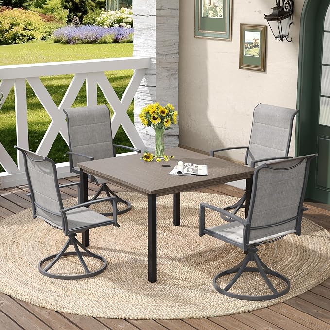 DIFY 5 Piece Outdoor Patio Dining Set for 4, 40.2" Grey Wood-Like Square Metal Dining Table and Swivel Patio Chairs with Grey Padded Textilene, All-Weather Outdoor Furniture Set for Garden Backyard