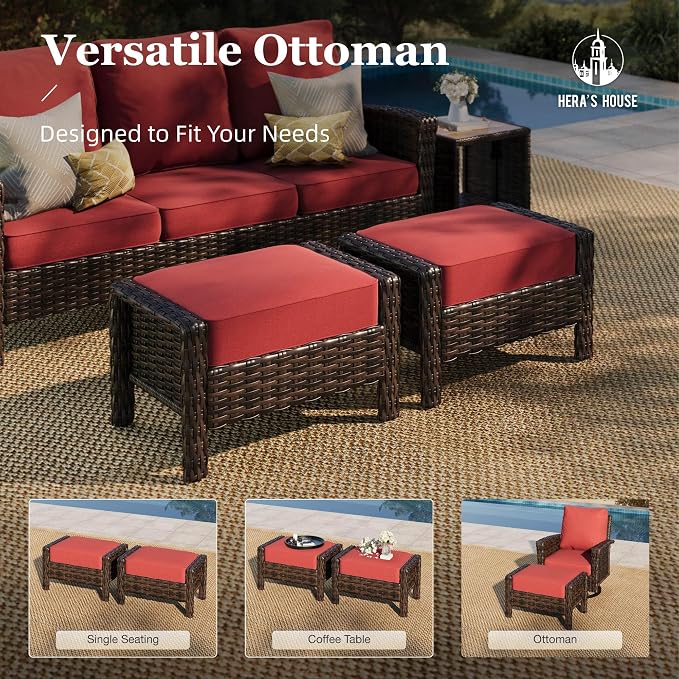 HERA'S HOUSE Red Patio Furniture Set, 6-Piece Outdoor Seating Conversation Sets with High Back Wicker Sofa, Swivel Chairs with 5.5" Thick Cushions, Fire Pit Table & Ottomans for Deck Yard Garden